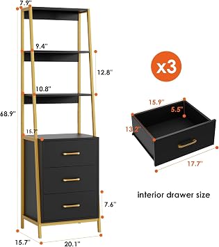 HITHOS 4-Tier Bookshelf، Tall Bookcase with 3 Wooden Drawers، Modern Ladder Book Shlef Storage Organizer for Living Room، Entryway، Office، Black Gold، 2 PCS
