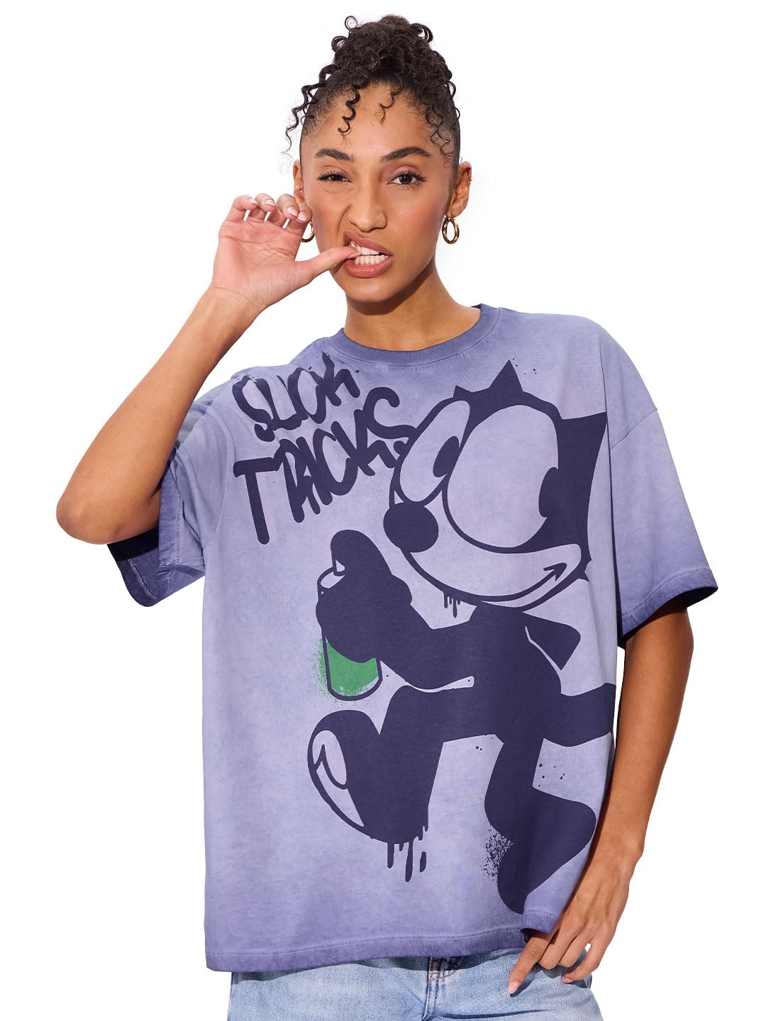 The Souled Store Felix The Cat: Slick Tricks - Camiseta de algodón con estampado gráfico de color púrpura para mujeres y niñas