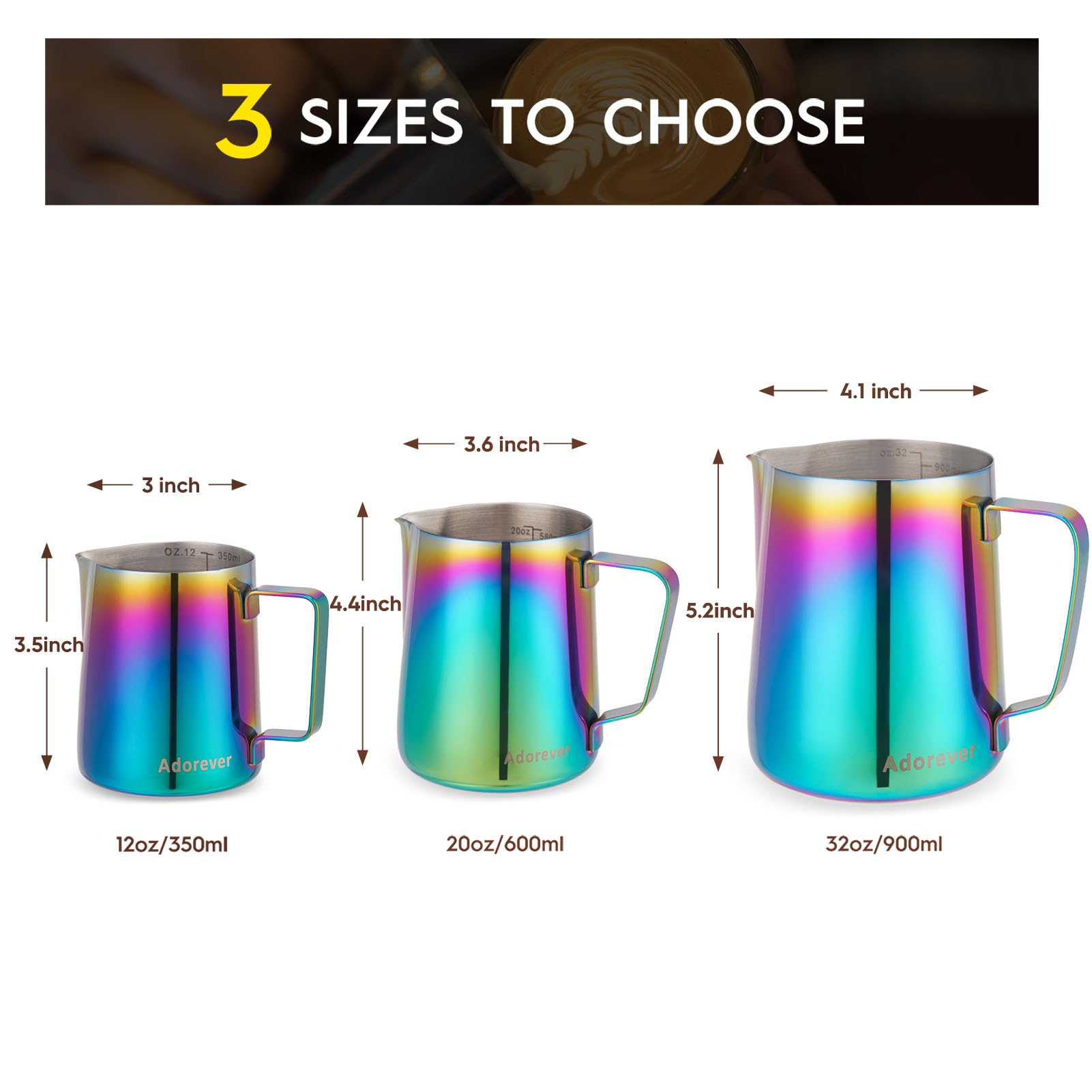 Jarra para espuma de leche de 350 ml, 600 ml, 900 ml, 1500 ml, 2000 ml, de acero inoxidable, para decoración barista de café con leche, capuchino - Jarra espumadora con lápiz para latte art