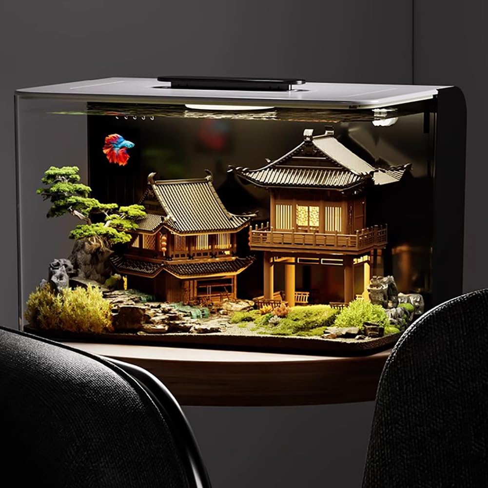 Kit De Acuario Acrílico Completamente Cerrado, Acuarios De Escritorio De Plexiglás, Tanque De Pescado Transparente HD con Luz, Todo En Un Tanque De Pescado Betta,with Decor