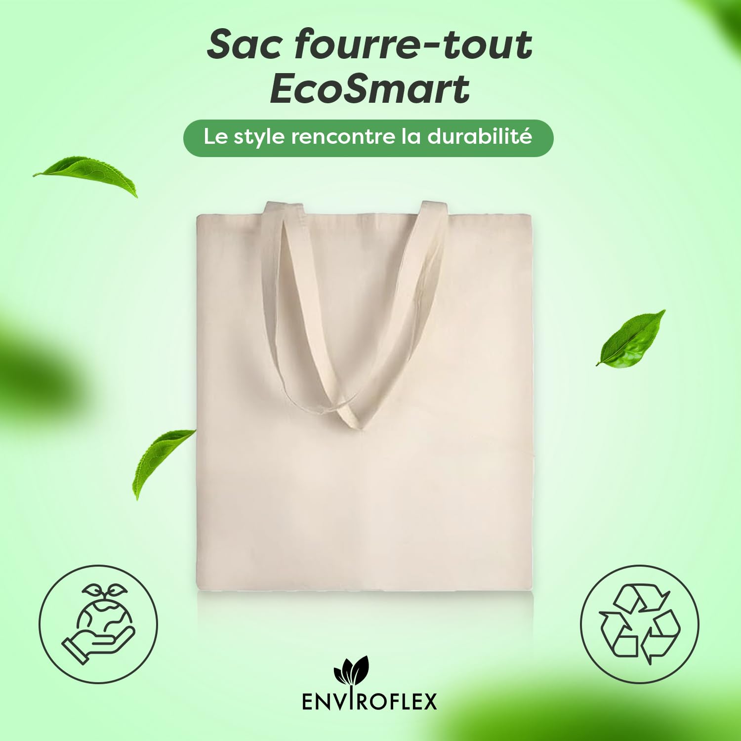 Sacs fourre-tout en toile 100% coton 38 x 42 cm réutilisables avec longues poignées