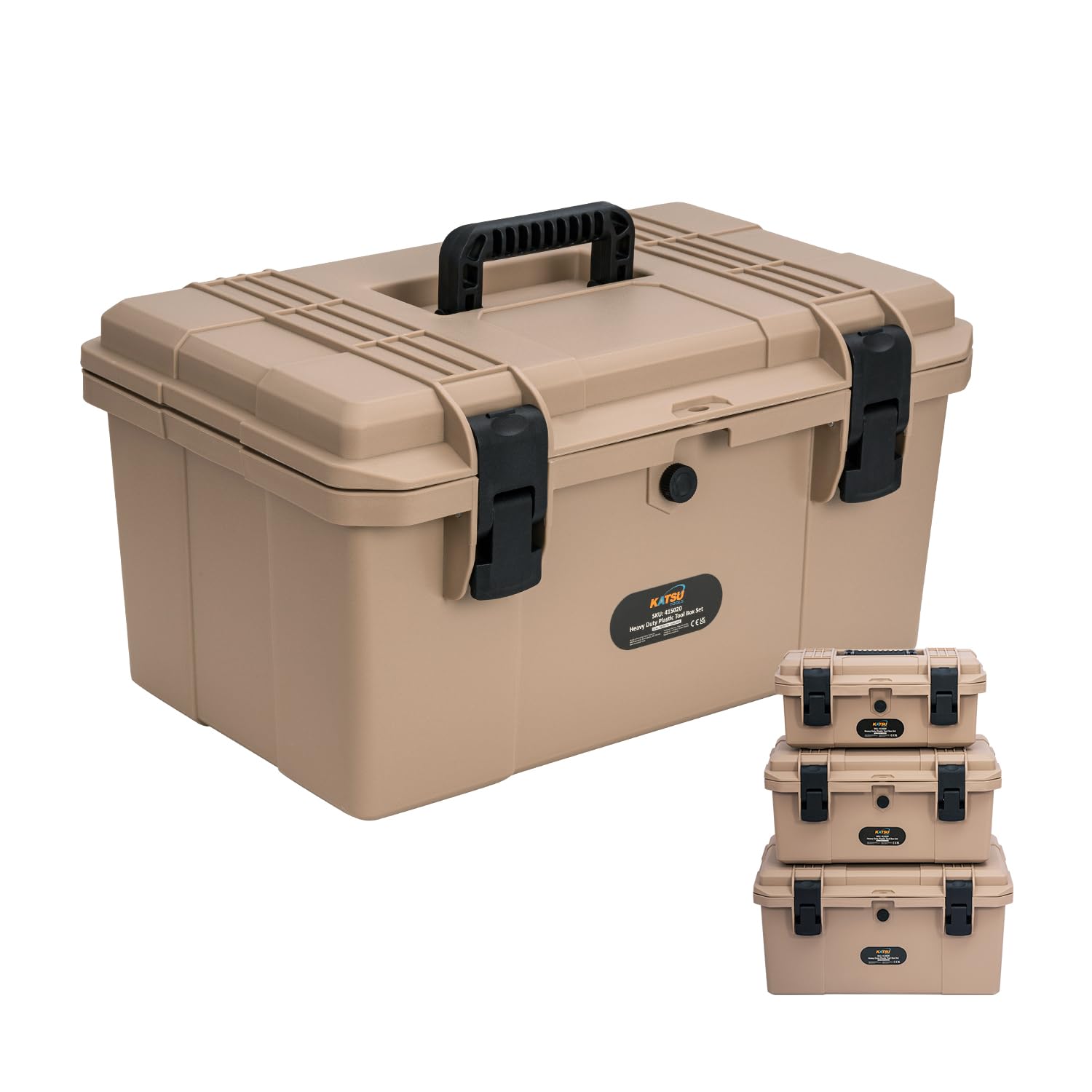 KATSU Tools Heavy Duty Plastic Toolbox 3PCs Set 15.6"+17.7"+19.7" Portable Waterproof Utility Tool Box Chest Storage Case Organizer with Removable Tray for Home Garage Tools