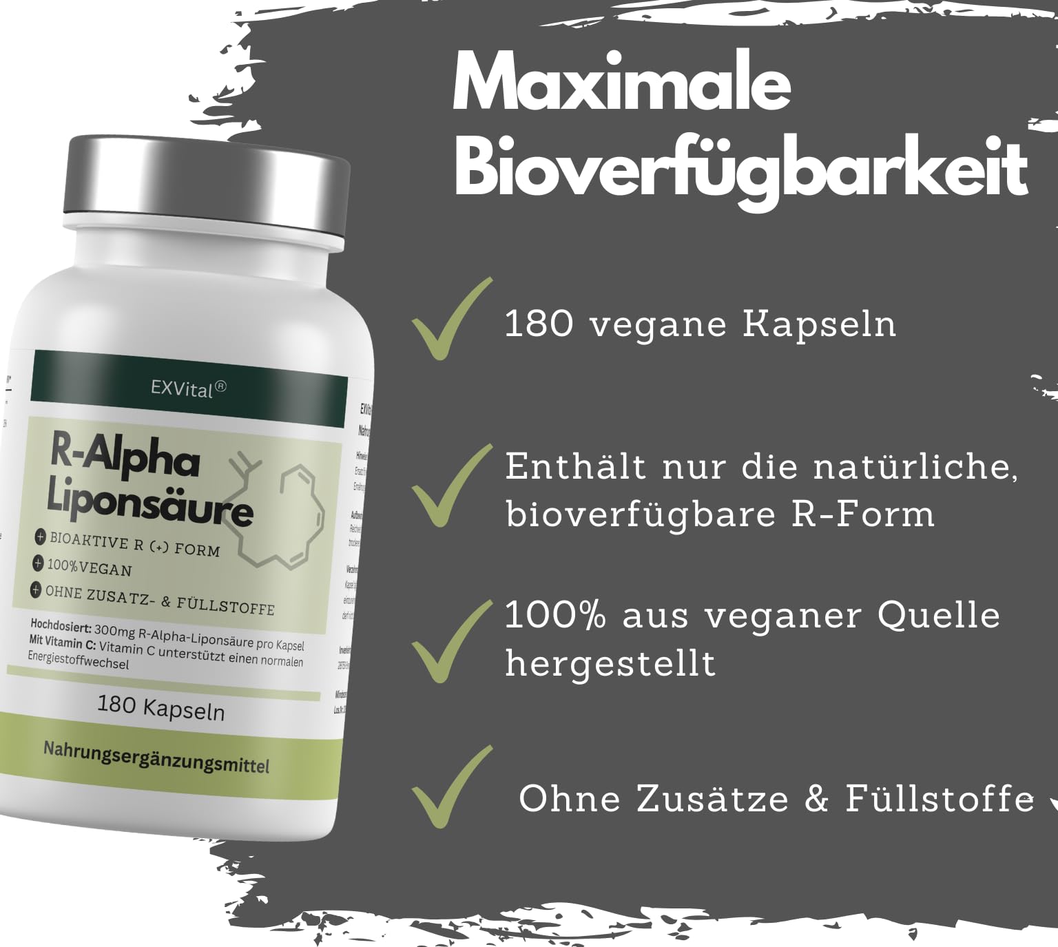 EXVital® R-Alpha-Liponsäure, hochdosiert mit 300mg pro Kapsel, in natürlicher R-Form, 180 Kapseln, vegan & ohne Zusätze, laborgeprüft