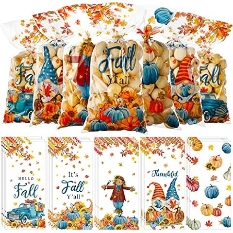 200 Pack Thanksgiving Cellophane Bags Fall Plastic Candy Bags with 200 Pieces Twist Tie Autumn Pumpkin Maple Leaves Goodie Bags Thankful Treat Bags Fall Harvest Snack Bags for Thanksgiving Party Favor Cover