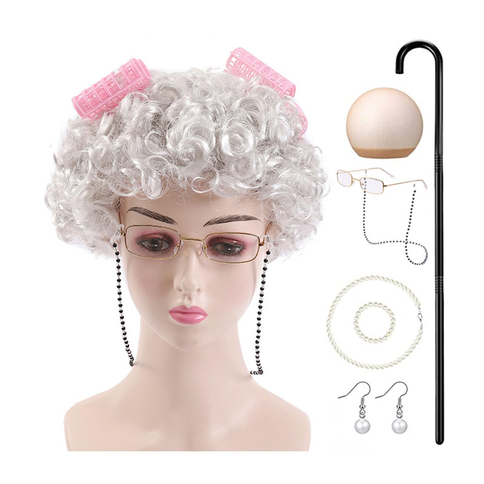 Old Lady Cosplay Set, Granny Wig, walking cane Glasses Chain Cords Faux Pearl Bead Necklace for Costume Cosplay (Grey)