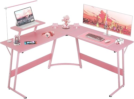 L Shaped Desk 50 Inch Gaming Desk with Monitor Shelf Corner Desk L Shaped Computer Desk for Home Office Writing Workstation, Carbon Fiber Surface, Pink