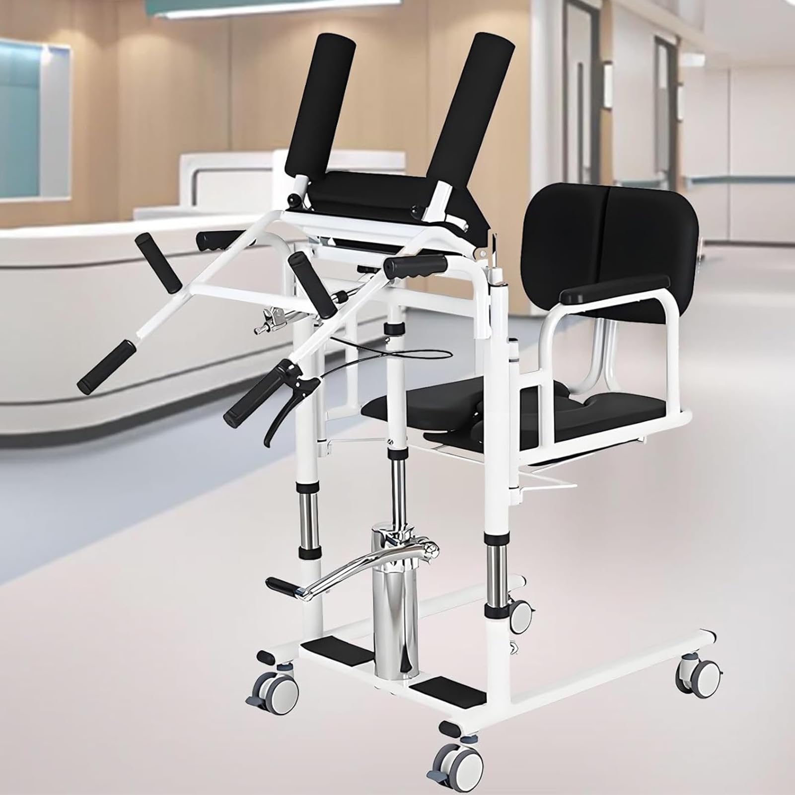 Joyfitness Hydraulic Patient Lift Transfer Chair, Transfer Lift Chair for Disabled with 180° Split Seat, Lifting Height 41-65cm, 4 Brake Casters, Removable Tray & Cushion, 440Lbs/200kg Capacity
