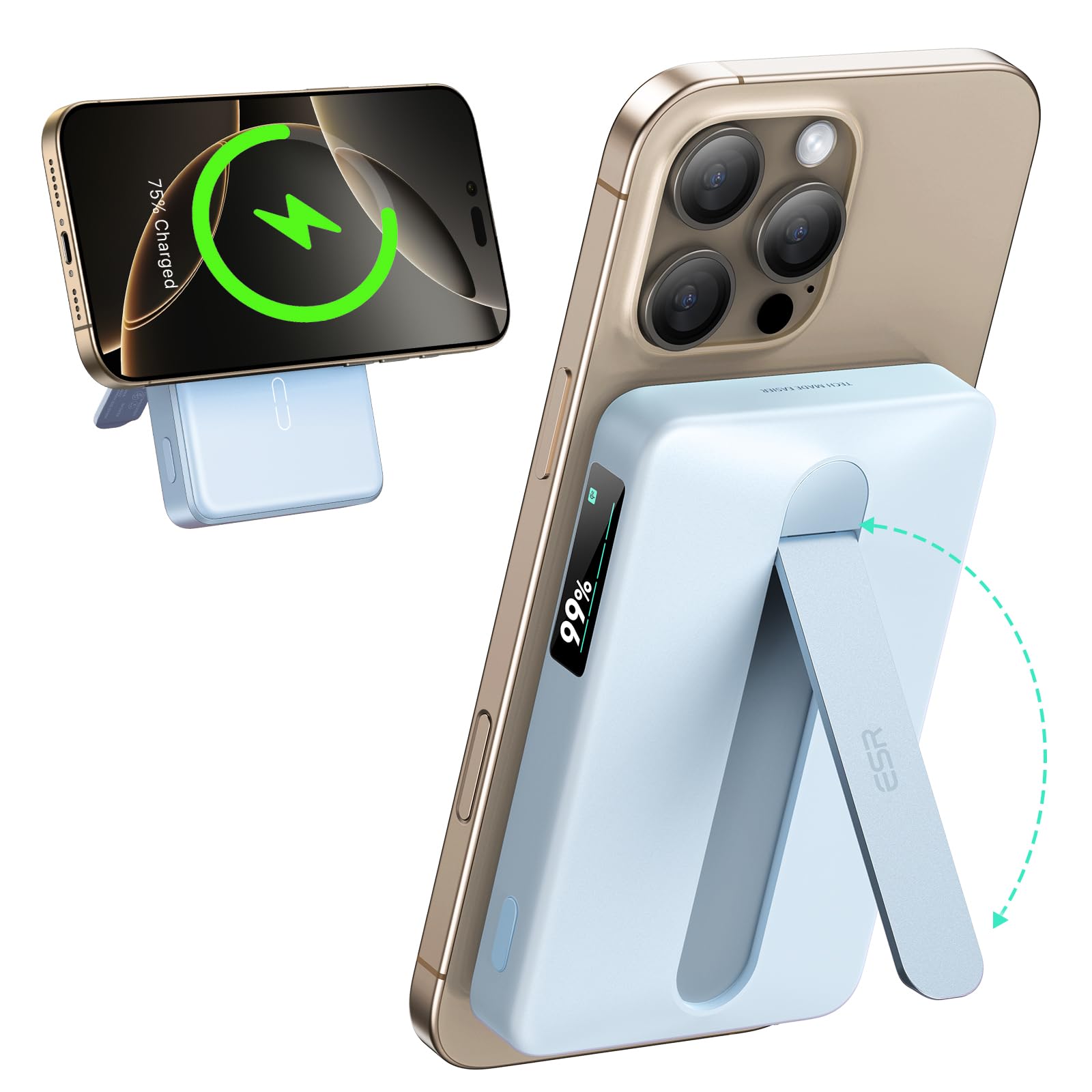 ESR for MagSafe Power Bank, Kickstand 10,000mAh MagSafe Portable Charger, Qi2 Certified 15W Fast Battery Pack with LED Display, 27W USB-C MagSlim Charger with Cable for iPhone 16/15/14/13/12,Sky Blue