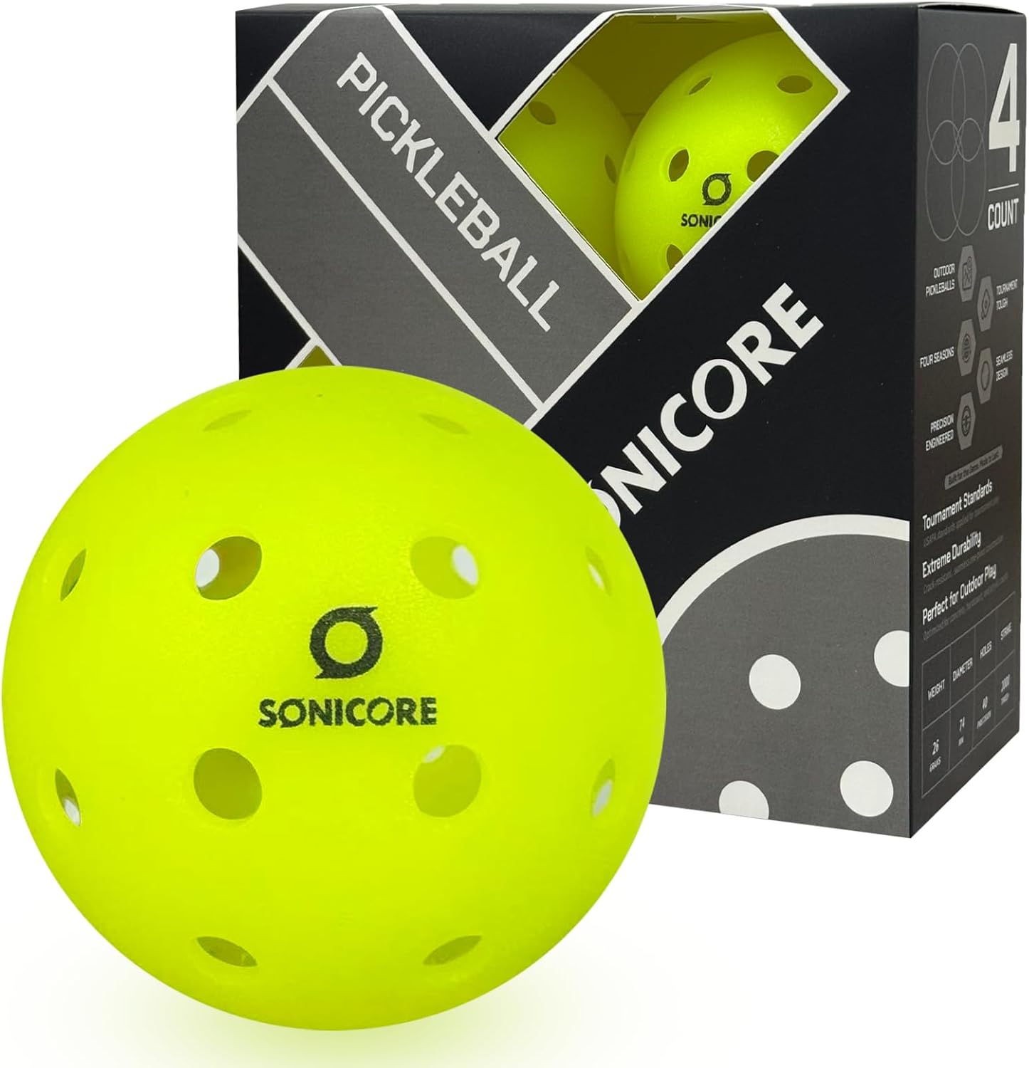 SONICORE Premium Outdoor Pickleball Balls, 4Count/12 Count Pack, Extreme Durability, Tournament-Ready Level, 40-Hole Precision Drilled, Crack-Resistant