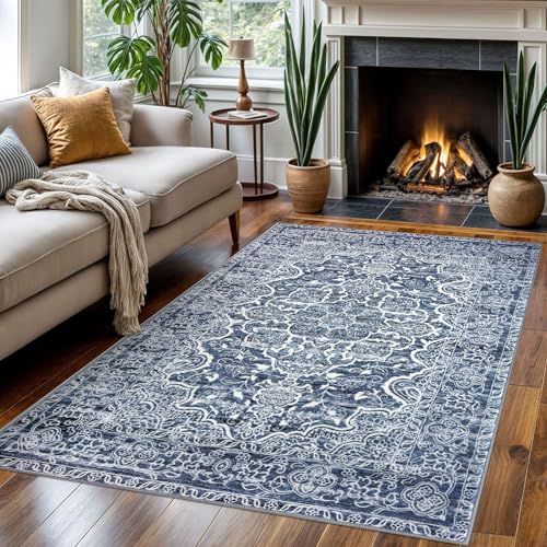 KUTA Modern Floral Area Rug 4x6 Living Room, Washable Printed Vintage Distressed Tribal Blue White Rugs, Non-Slip Dining Room Carpet, Soft Low Pile Cozy Boho Farmhouse Throw for Bedroom