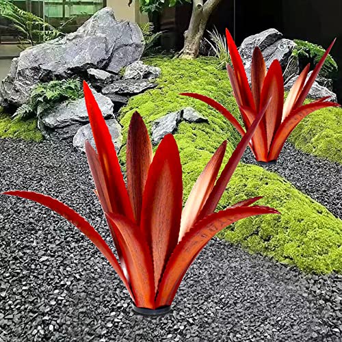 Image of TOMBABY Enlarge Thickened Wind Resistant Metal Agave Garden Art Metal Plant Country Garden Sculpture Statue Outdoor Decoration Agave Metal Plant Courtyard Lawn Ornament Gift (2, 12 Leaves red)
