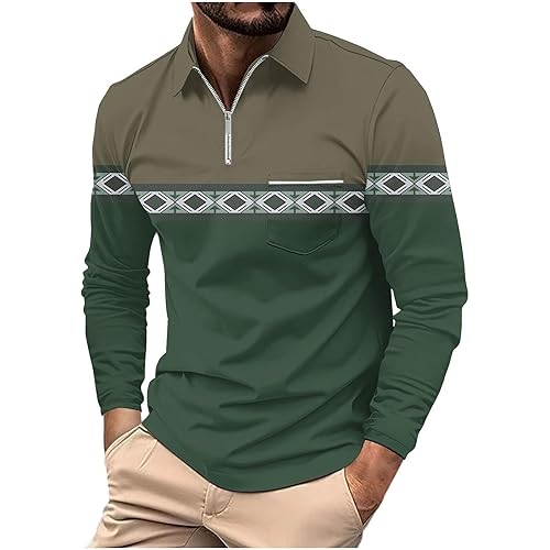Mens Linen Shirt,Mens Long Sleeve Polo Shirts 1/4 Zip Pullover Striped Shirt Casual Slim Fit Golf Shirts with Pocket