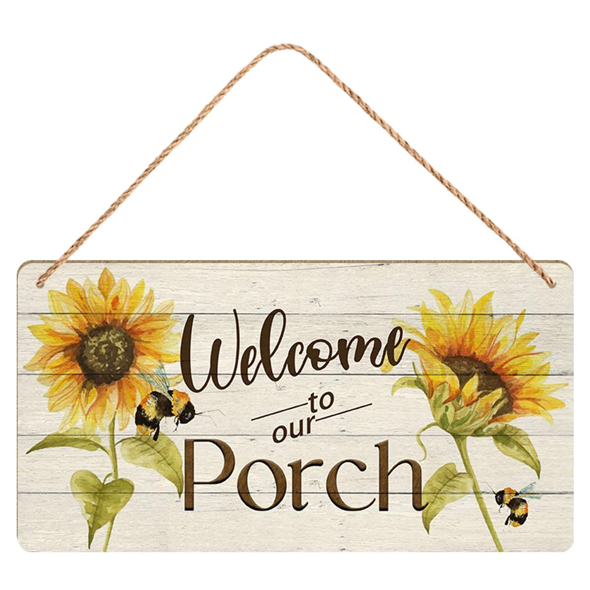 Welcome To Our Porch Wooden Sign Sunflower Print Decor Home Garden Farmhouse Porch Patio Yard Wall Art 5X10 Inch Wooden Hanging Plaque Indoor Outdoor Decorations