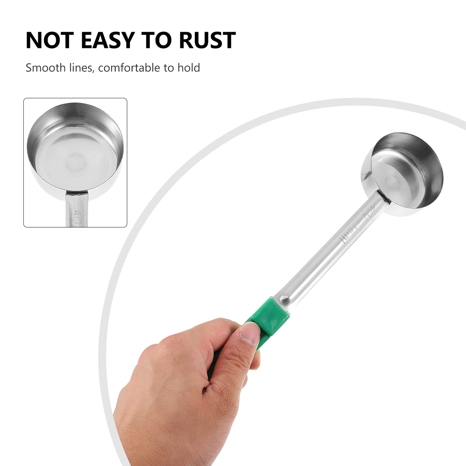 Long Handle Portion Control Serving Spoon with Pour Spout, Stainless Steel and Plastic, 4 Oz, Green, Ideal for Home, Restaurant, and Buffet Use