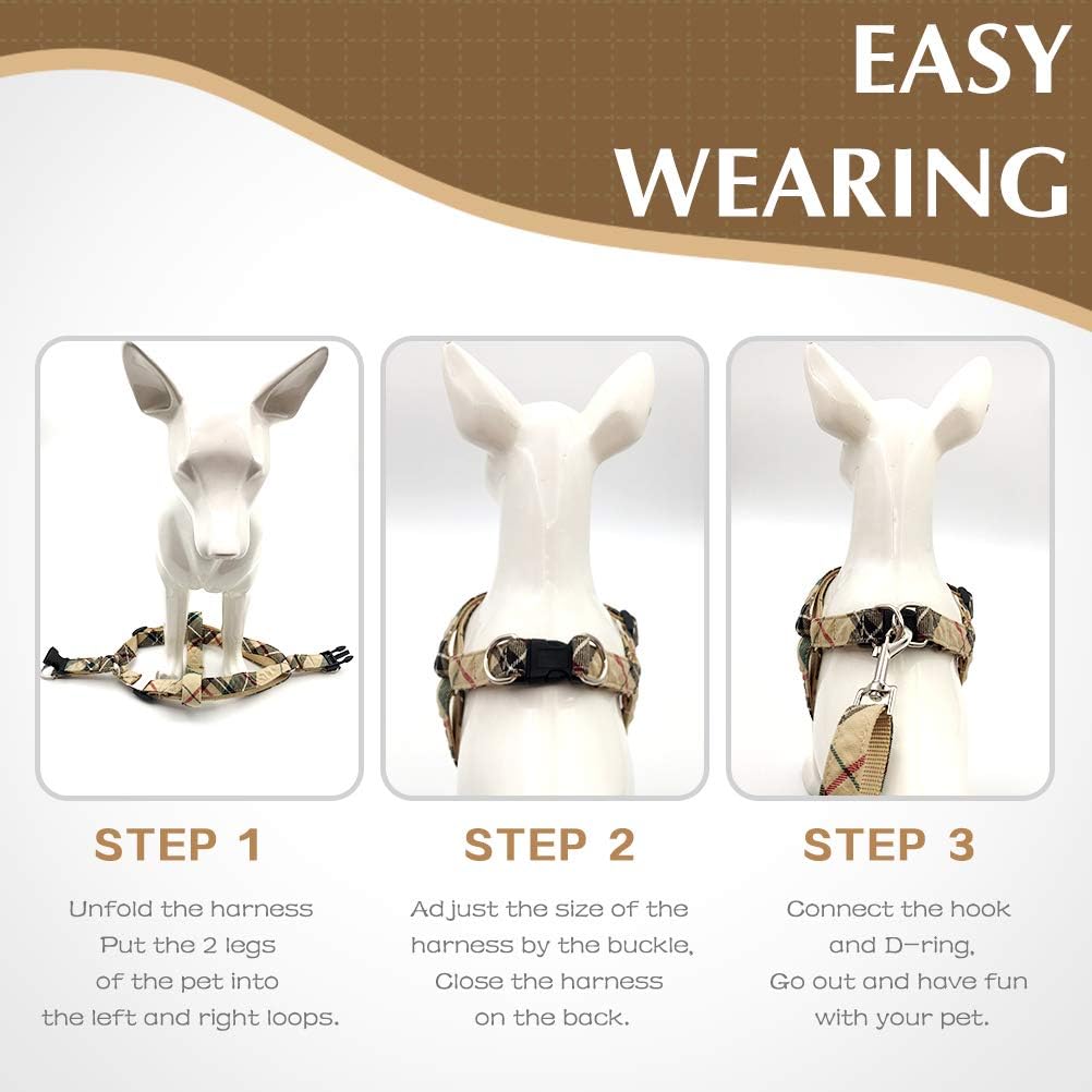 No Pull Dog Harness and Leash Set - Adjustable Plaid Step in Puppy Basic Harness for Small Medium Dogs Cats