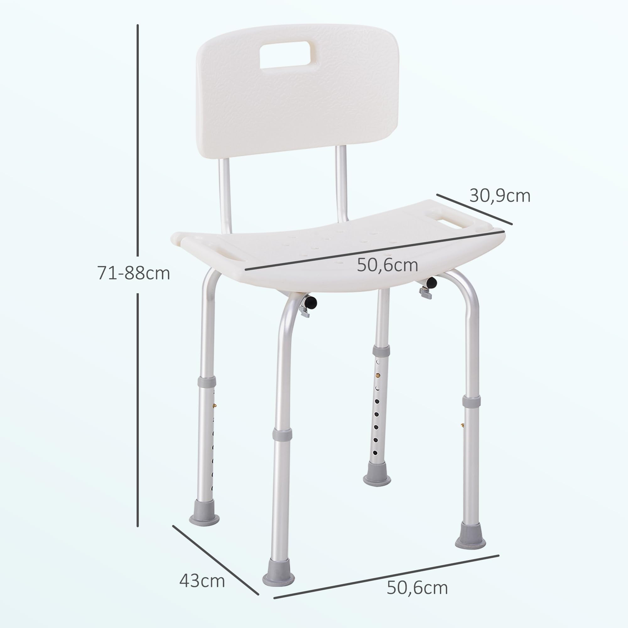 HOMCOM Silla para Ducha Personas Mayores Taburete de Ducha con Altura Ajustable en 8 Niveles Respaldo y Alfombrillas Antideslizante Ayuda para Baño para Ancianos y Discapacitados