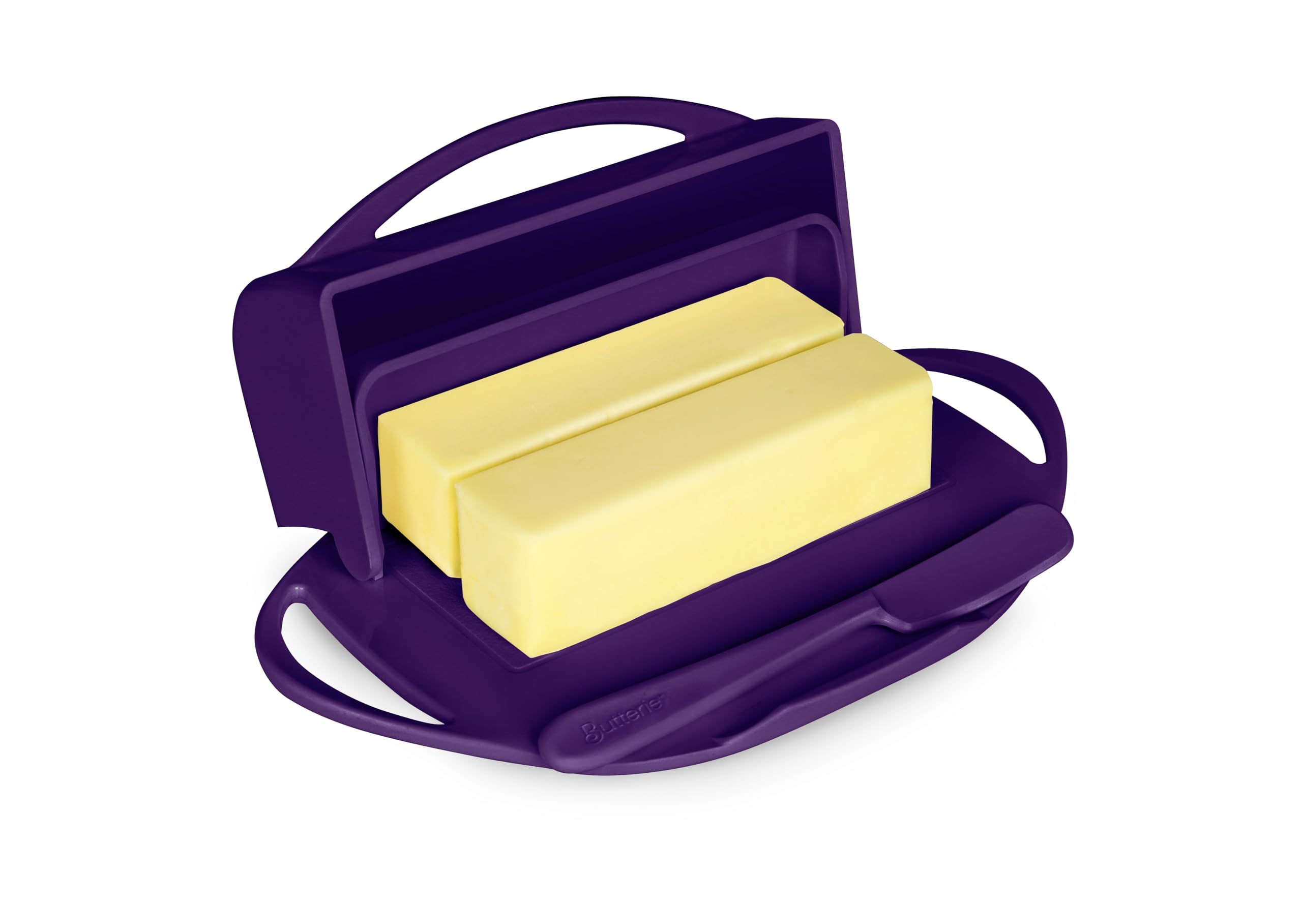 Butterie Flip-Top Butter Dish with Lid & Matching Knife, Holds 2 Sticks/European Butter, No-Mess Butter Holder, Shatterproof, Dishwasher Safe, Purple
