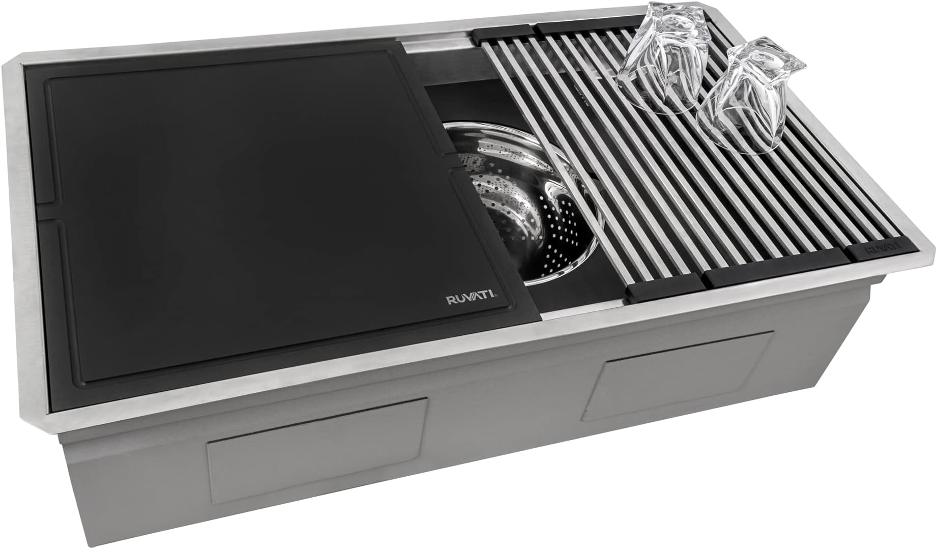 33-inch Workstation Two-Tiered Ledge Undermount Kitchen Sinks 16 Gauge Stainless Steel with Black Composite Accessories - Deep Undermount Sink, Kitchen Sink, Stainless Steel Sinks - RVH8224