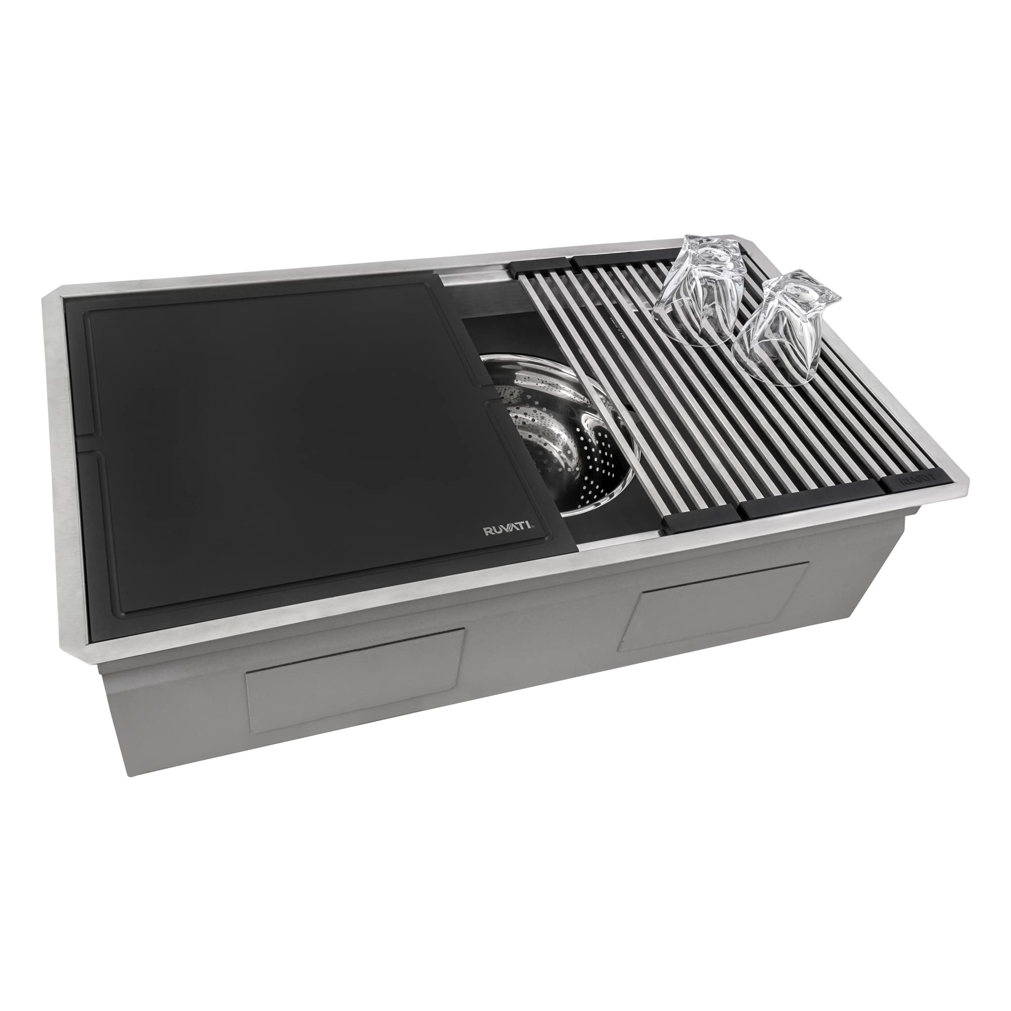 Ruvati 33-inch Workstation Two-Tiered Ledge Undermount Kitchen Sinks 16 Gauge Stainless Steel with Black Composite Accessories - Deep Undermount Sink, Kitchen Sink, Stainless Steel Sinks - RVH8224