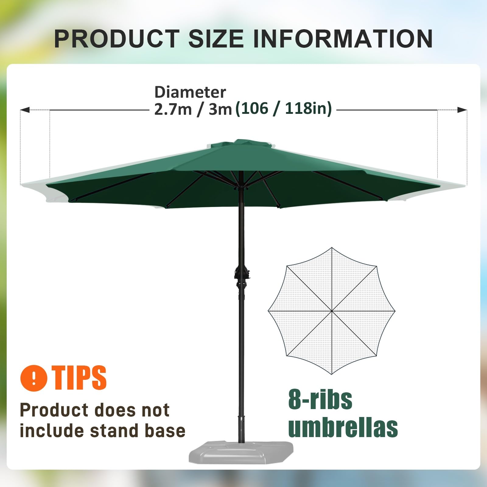 Zewnętrzny parasol ogrodowy z korbą ręczną, 2,7 m / 3,0 m, parasol na taras, na plażę, basen, trawnik, ochrona przed promieniowaniem UV, konstrukcja bez przechylania na podwórko i taras