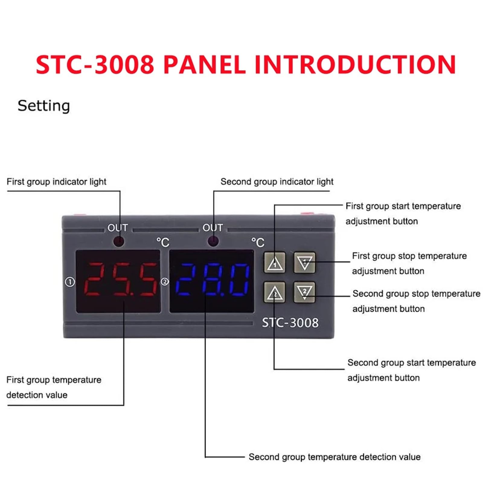 Doppio regolatore di Temperatura Digitale STC-3008 Riscaldatore termostato con Uscita a Due relè con sonda 12V 24V 220V Frigo Domestico Calore Freddo (Color : DC 24V)