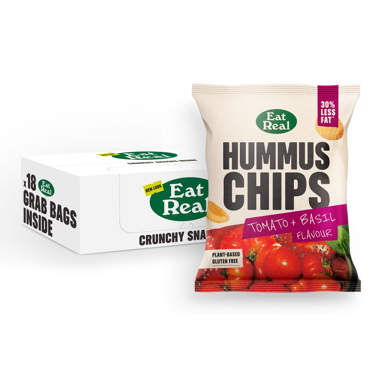 Eat RealHummus Chips, Tomato and Basil, 18 X 45g, Gluten-Free Crisps Multipack, Vegan-Friendly, Healthy Snacks, Plant-Based