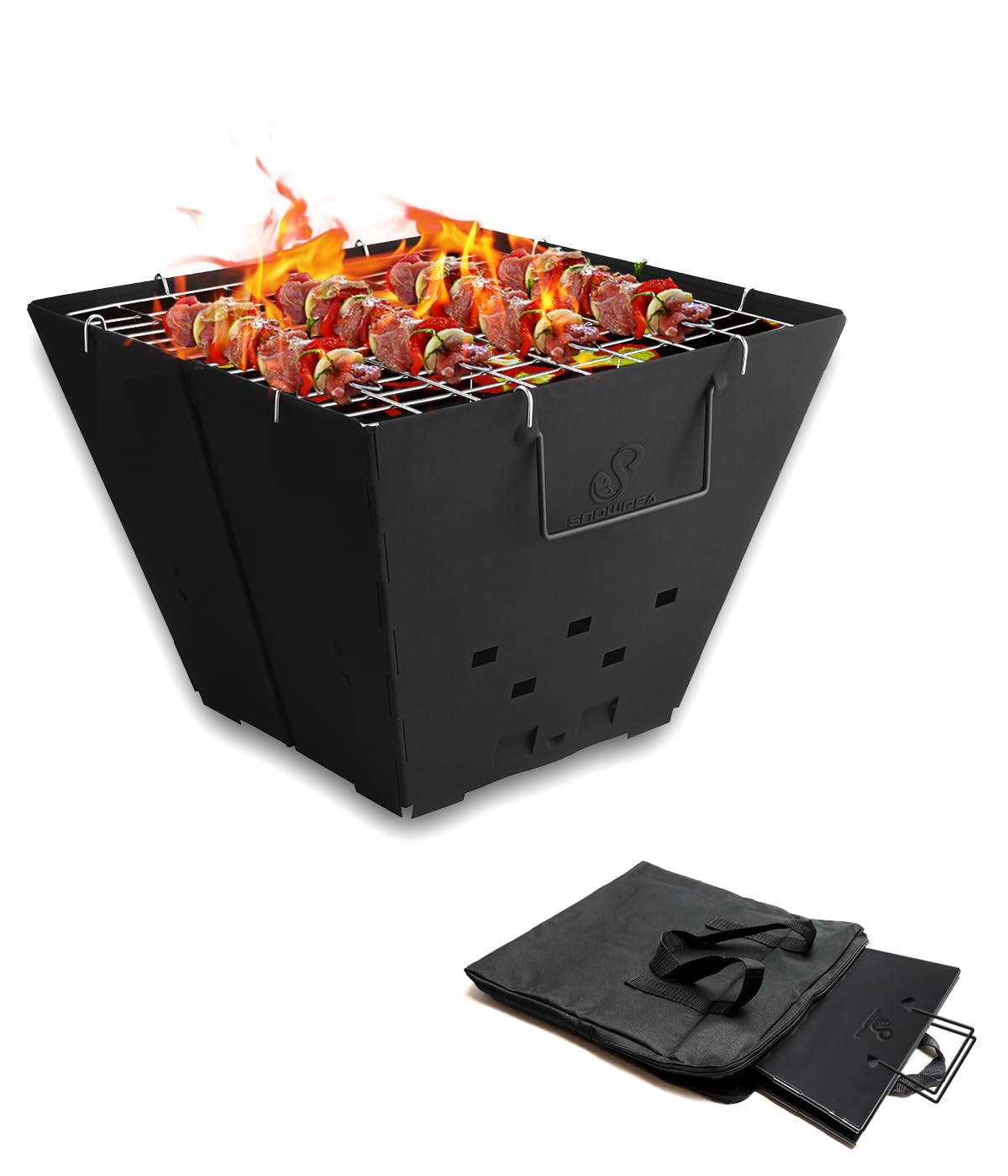 Snowpea Portable Fire Pit for Camping, Collapsible Outdoor Pit, Folding with Carry Bag, Iron Bowl Picnics, Bonfire, Patio, Backyard and Garden - Top Grill, Black (FP-01)