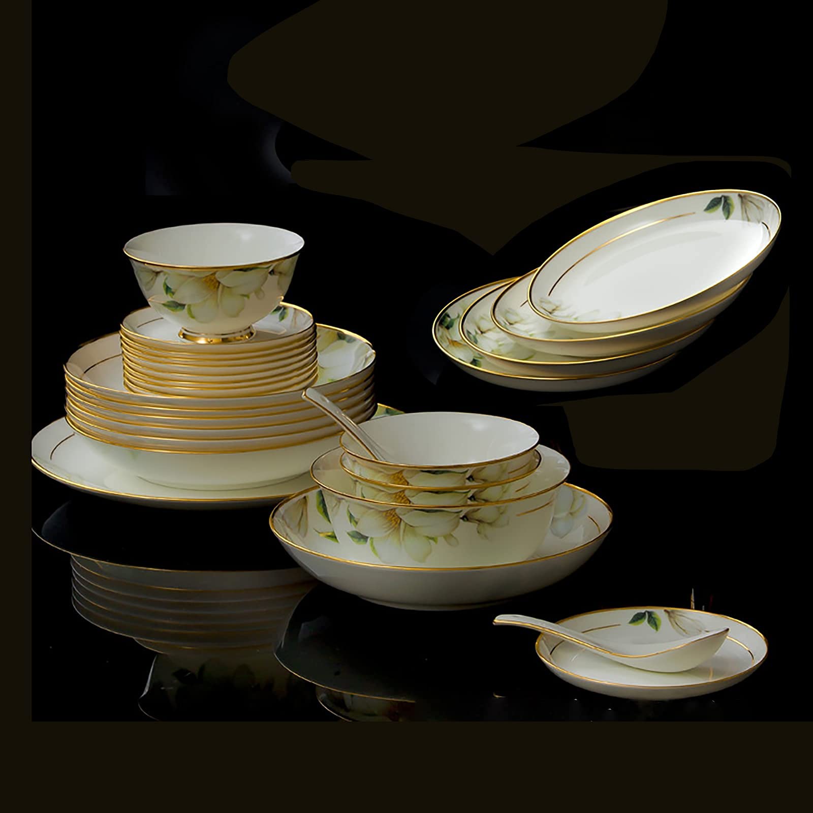 60-częściowy zestaw naczyń z porcelany kostnej, z miseczkami na musli, talerzami deserowymi, talerzami do zupy, talerzami rybnymi i garnkiem do zupy, dla 10 osób, nadaje się do mycia w zmywarce i