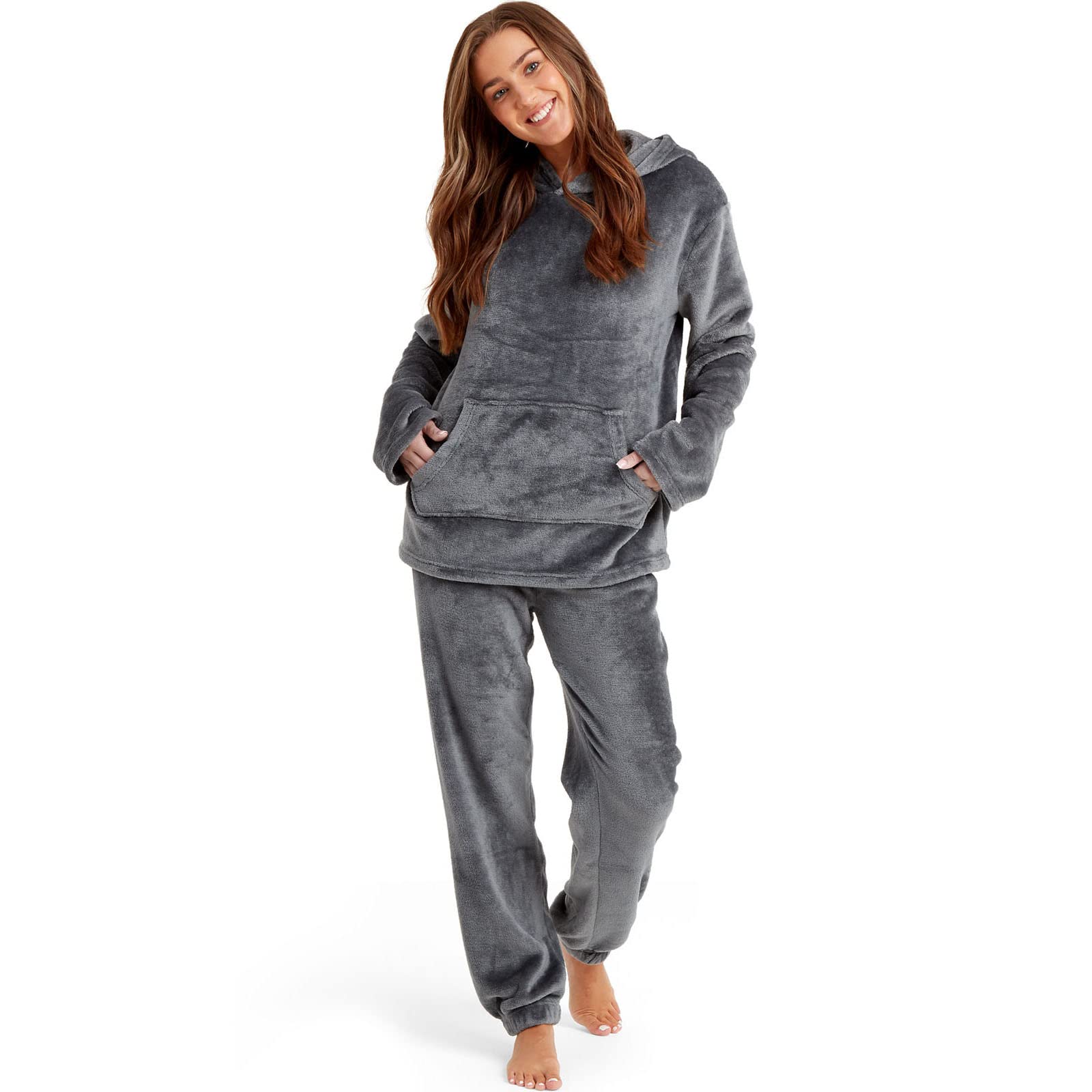SnuggarooWomens Soft Fleece Hooded Pyjama Loungewear Set - Charcoal - L