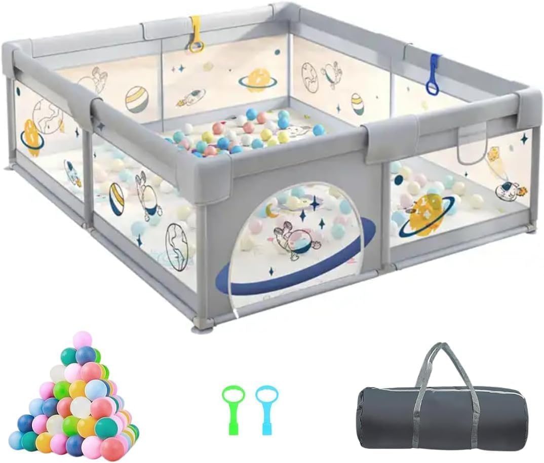 Baby Playards, Large Playpen for Toddlers Indoor & Outdoor Kids Activity Center with 2 Handle Loops & Balls, Anti-Slip Base, Sturdy & Safe Play Yard, 120x120cm Baby Playpen for Babies & Infants