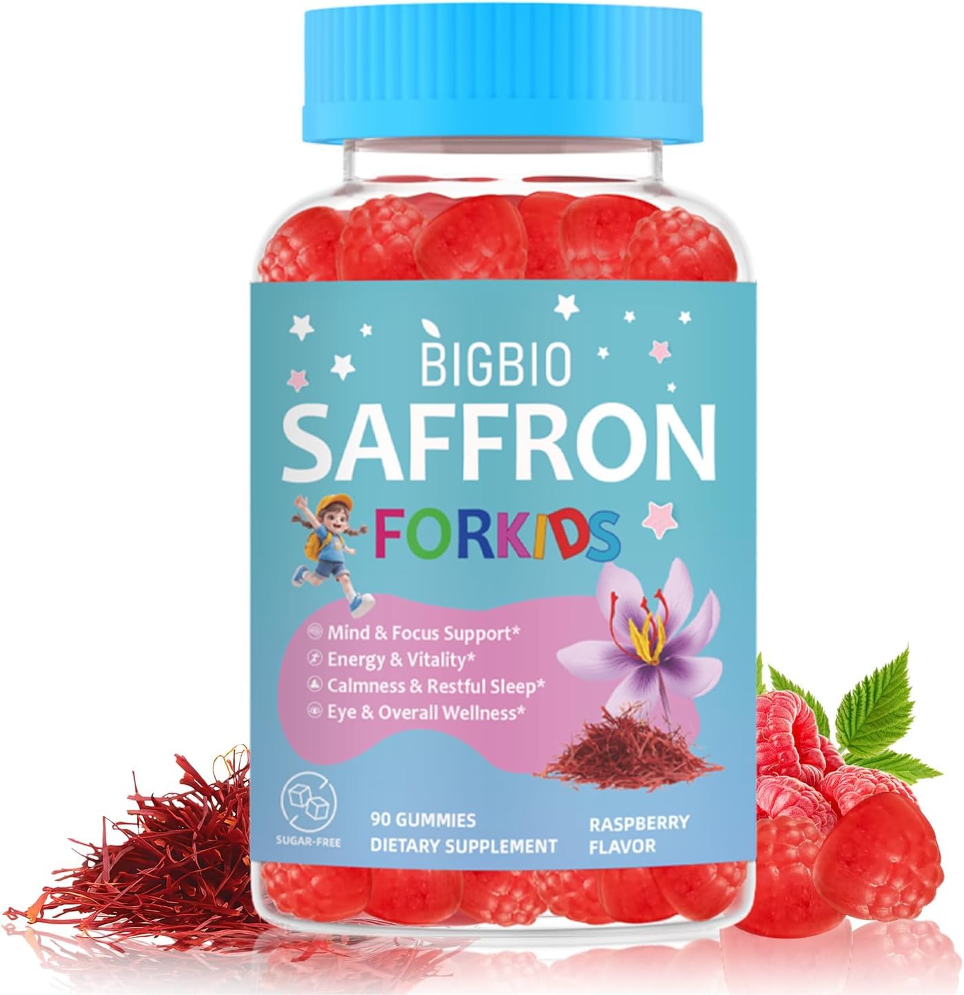 BIGBIO Suplemento de açafrão em gomas com magnésio glicinato, ômega-3, manjericão-sagrado, L-teanina, alecrim, B6 e D3, sem açúcar, 90 gomas
