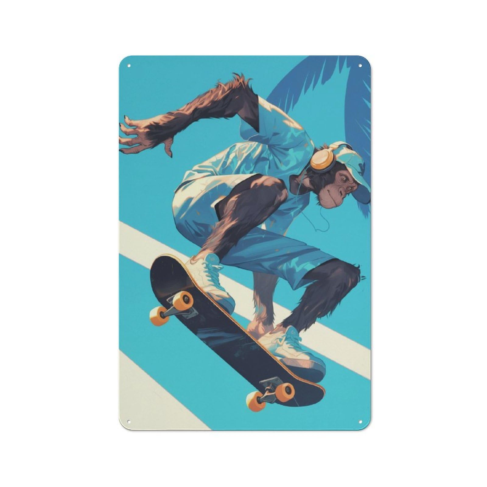 Junmoney Monkey Skating Skateboard Metal Wall Plaque 30X20cm, Vintage Nostalgic Wall Art For Bedroom, Office, Home Bar Or Dining Room