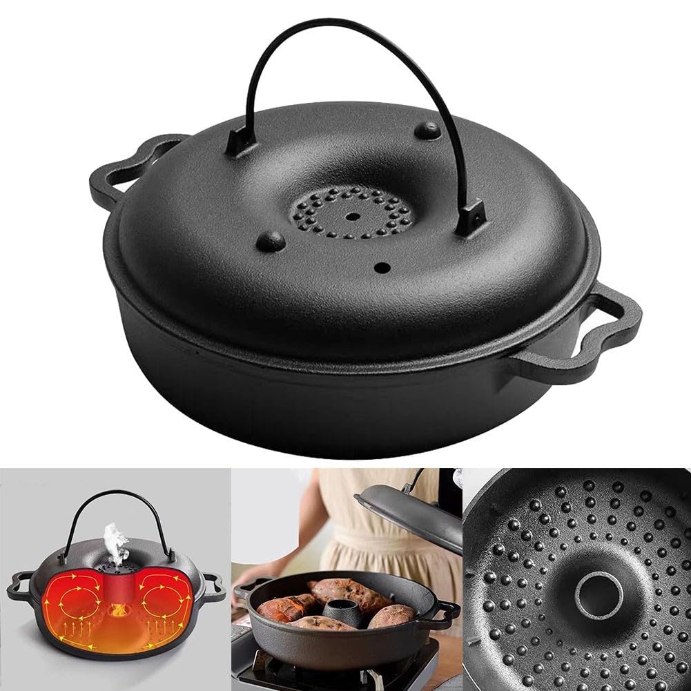 Gusseisen Bräter mit Deckel für Backofen Grillen und Outdoor Camping Kochen, 27 x 22 x 10 cm Runde Backform, Verdickte Schwarze Gusseisen Grillpfanne für Süßkartoffeln Huhn