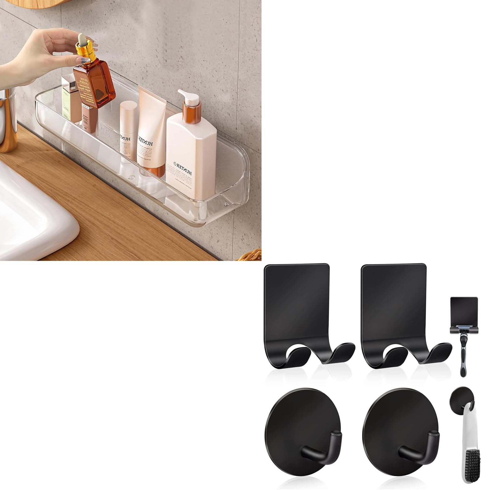 Diesisa Acrylic Wall Mounted Shower Caddy Clear Acrylic Shelf Razor Holder and Wall Hooks 2 2 Pack
