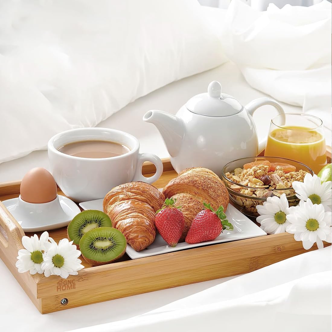 Plateau en bambou avec double fonction : Table de petit-déjeuner avec pieds déployants et bord haut - Idéal pour lit et canapé - Table pliante - Plateau en bois - 50 x 30 x 23 cm