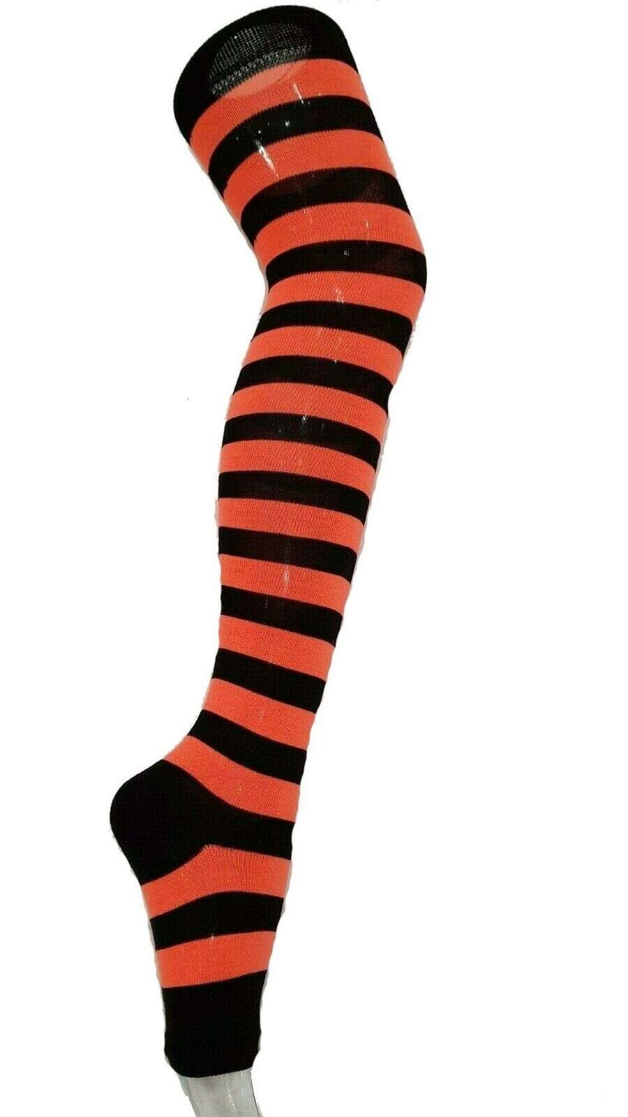Womens Over The Knee Socks Plain & Striped Footless Adults Stretchy OTK Socks Neon Orange/Black Stripe 4-6.5 (1 Pairs)