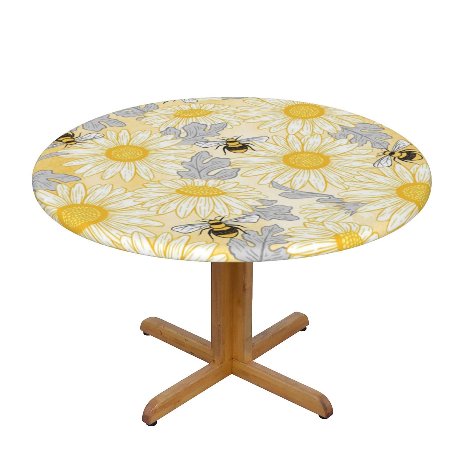 Lsjuee Round Fitted Tablecloth 40-44in Elastic Edged Table Cloth for Kitchen Dining Party Home Decor - Bee Floral Yellow