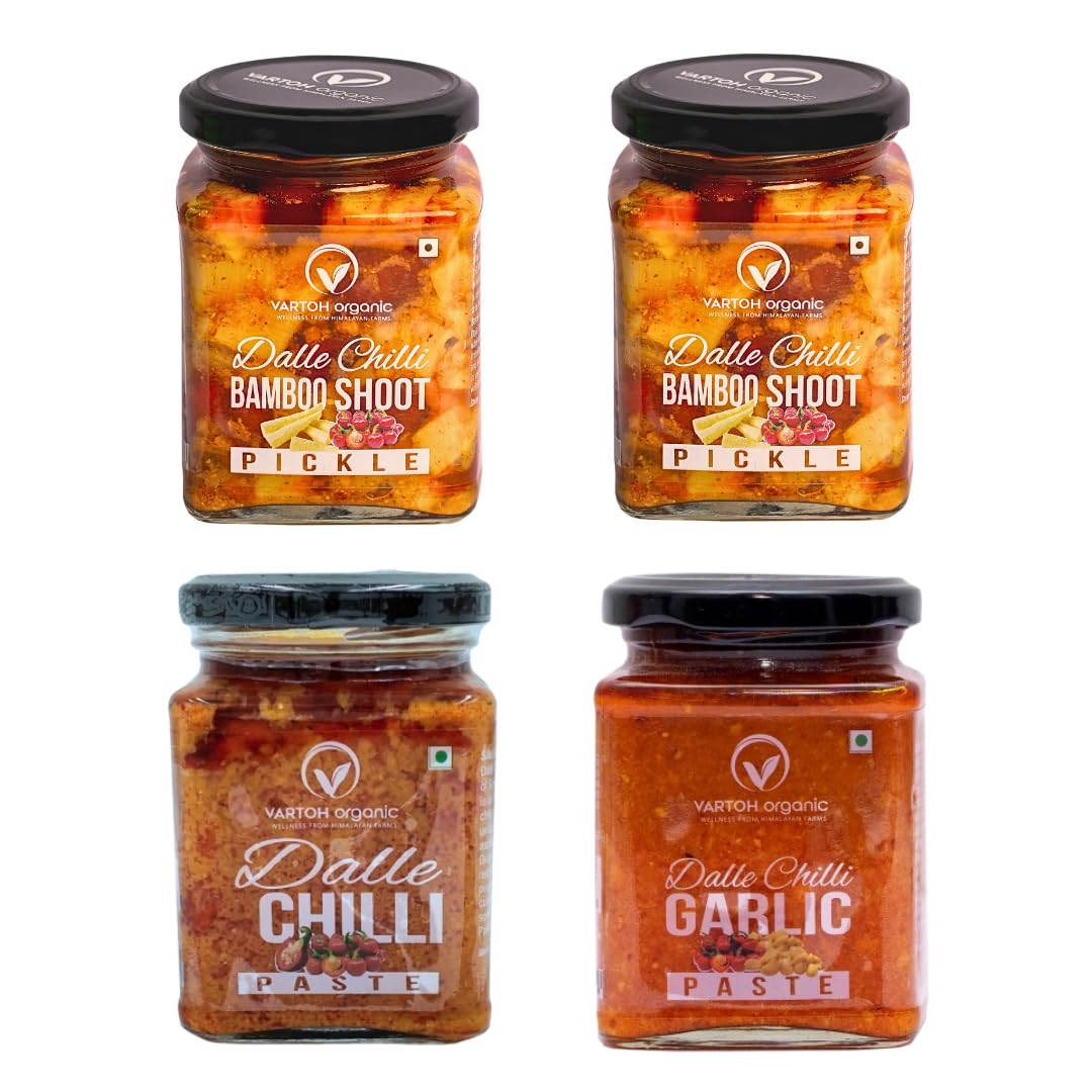 Vartoh Organic Dalle Khursani Achaar | Combo Pack of 4 | Spicy Pickles from Sikkim | 2 Bamboo Shoot Pickles, 1 Dalle Chilli Paste & 1 Garlic Paste | Authentic Taste | 1000g