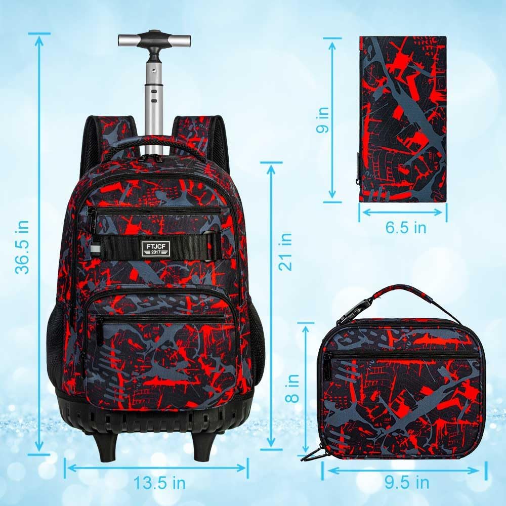 3Pcs Rolling Backpack for Boys Men, Travel Wheeled Backpacks for Adults, Teens College Roller Bookbag with Wheels for Men(Red) - Image 4