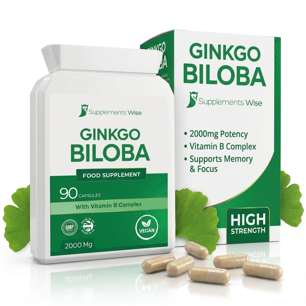 Ginkgo Biloba Capsules 90 x 2000mg - Dizziness and Vertigo Treatment - Focus Tablets, Concentration Pills for Brain, Memory - Blood Circulation -Ginkgo Biloba Herbal Supplements with Vitamin B Complex