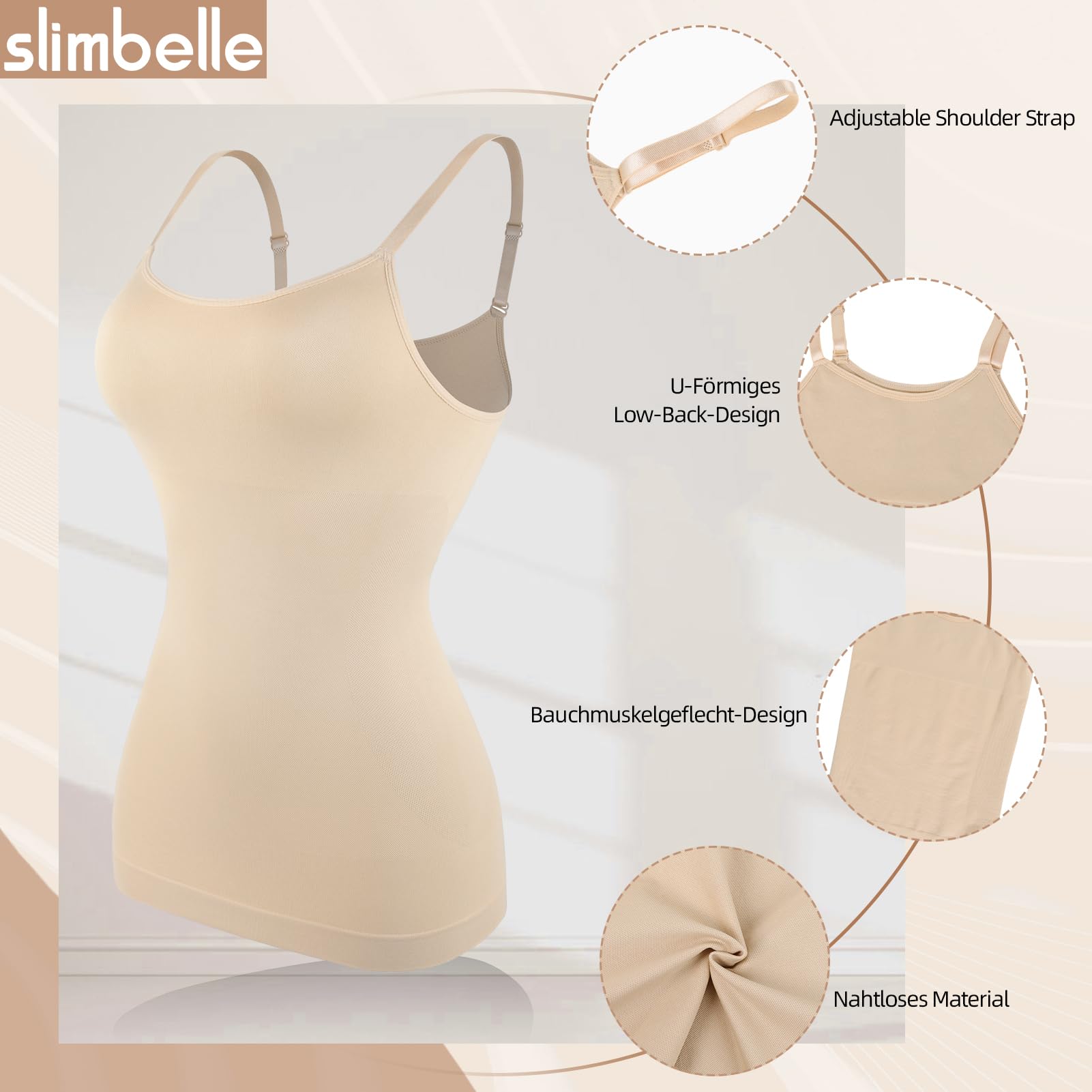 SLIMBELLE Damski podkoszulek wyszczuplający brzuch, bezszwowa bielizna modelująca brzuch, seksowny top na ramiączkach, damski top z ramiączkami typu spaghetti, top damski modelujący