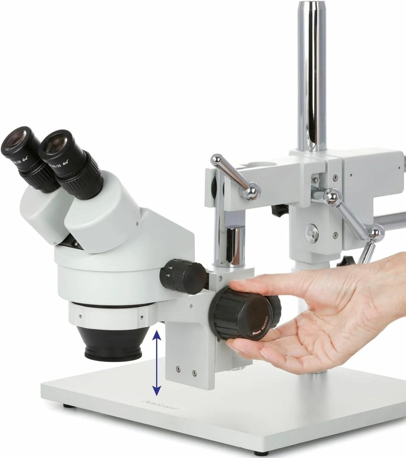 AmScope SM-4BZ-FRL Professional Binocular Stereo Zoom Microscope, WH10x Eyepieces, 3.5X-90X Magnification, 0.7X-4.5X Zoom Objective, 8W Fluorescent Ring Light, Double-Arm Boom Stand, 110V-120V, Includes 0.5x and 2.0x Barlow Lenses