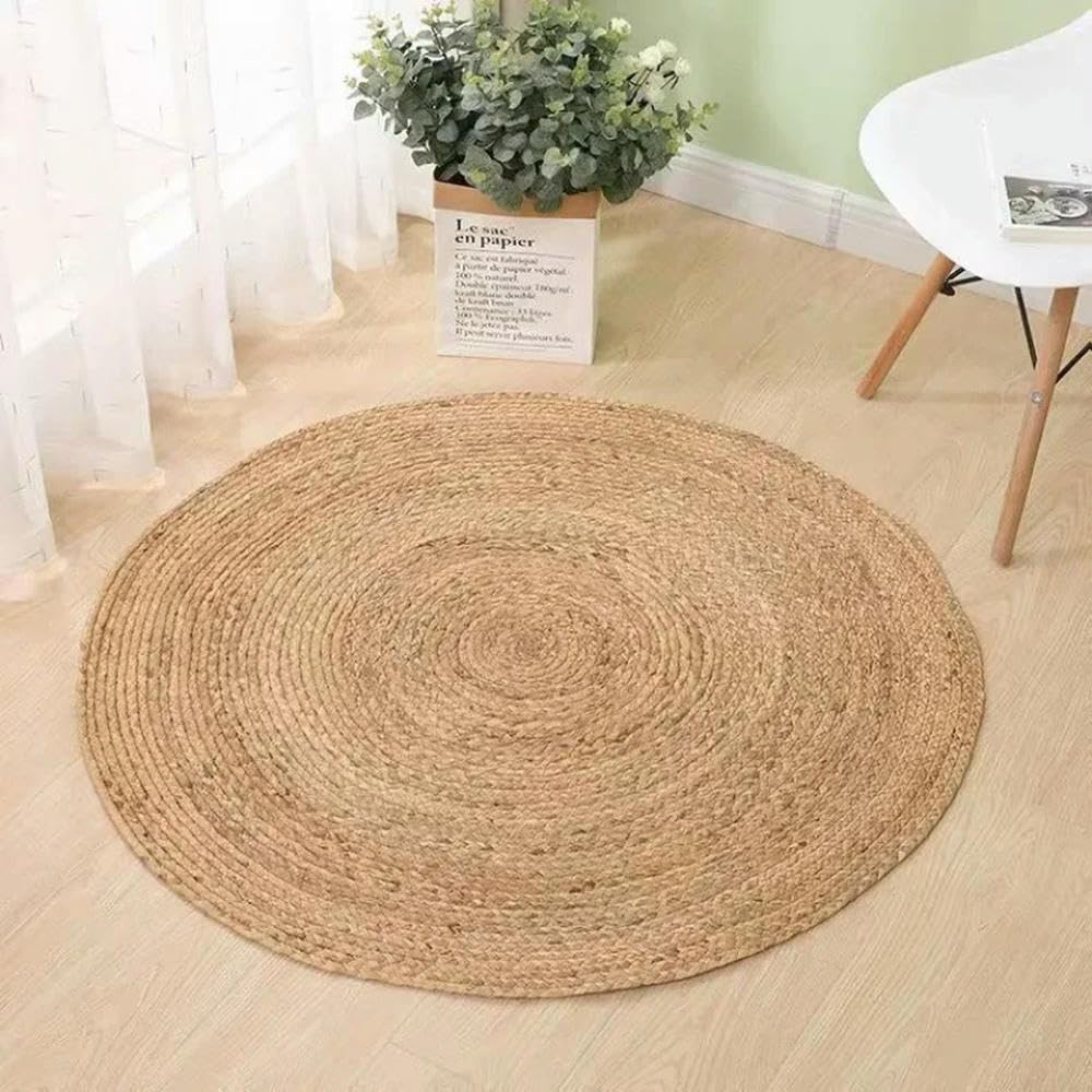 Tappeto in Rattan Intrecciato a Mano, Tappeto Rotondo in Paglia e Iuta, Stile Giardino dell'hotel, Soggiorno, tavolino da caffè, Acqua, Erba, Zucca per