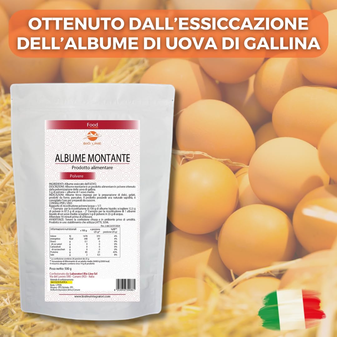 Albume D'uovo Montante in Polvere (Neutro, 500 G) Ottenuto da Uova Fresche di Gallina, Indicato per Preparazione di Dolci e Alimenti da Forno - Prodotti Alimentari Made in Italy