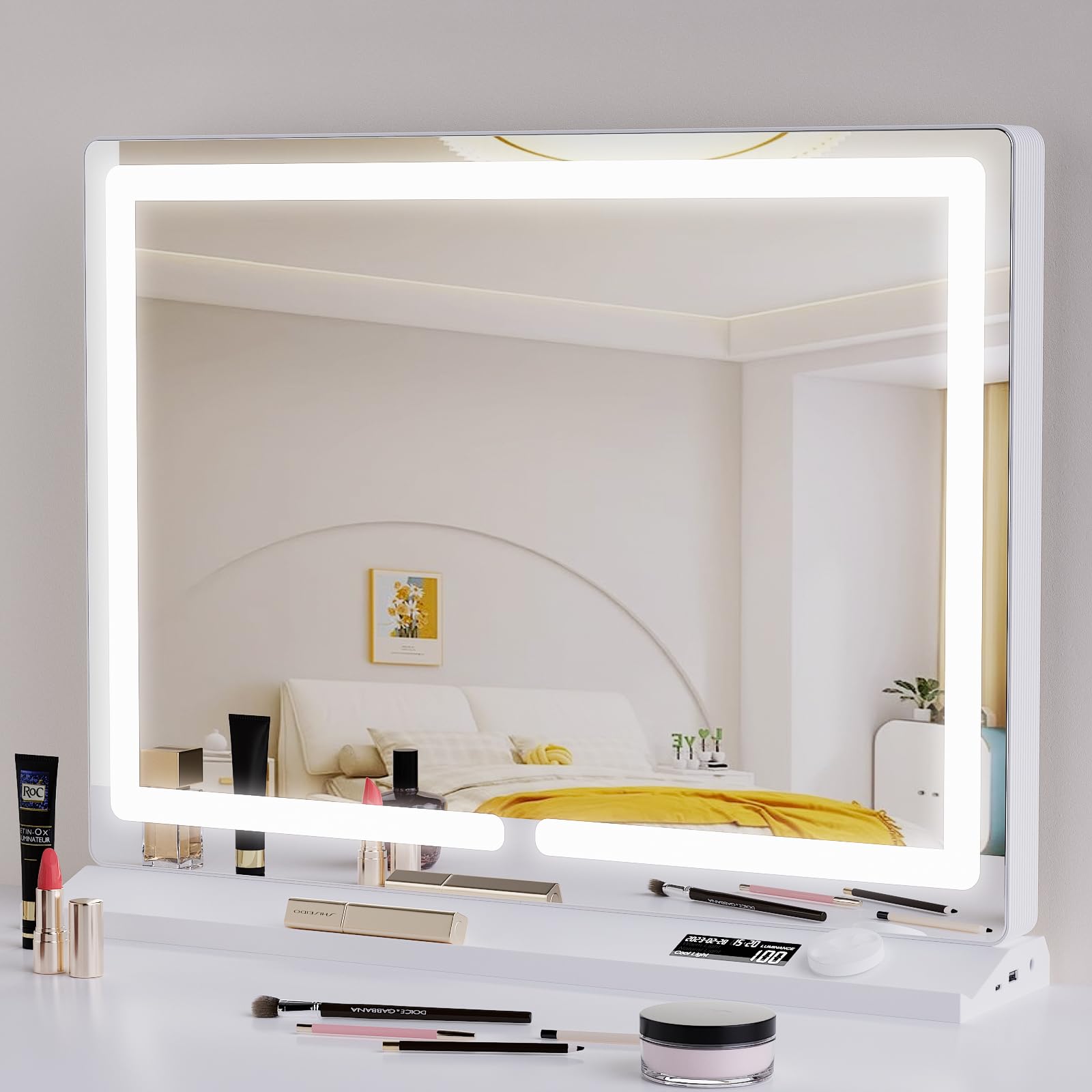 LED Makeup Mirror with Lights for Girls 20"x16", 3 Color Modes, Knob Controls, USB Charging Port, Aluminum Frame,White