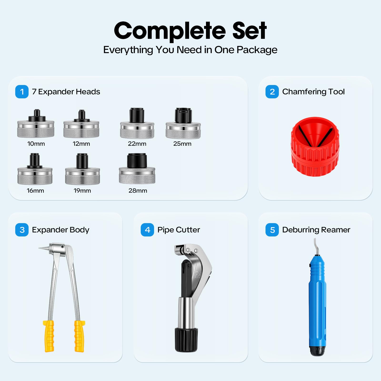 Set di 7 teste di espansione, diametro tubo 10-28 mm, funzionamento manuale