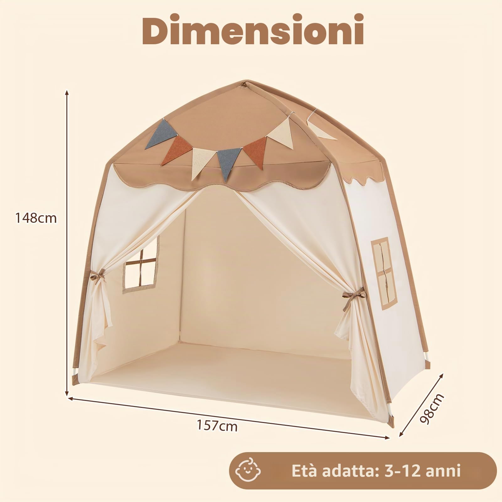 HOMASIS Capanna per Bambini da 3 a 12 anni, Tenda per Bambini con Bandierine e Lucine da Interno ed Esterno, Casetta da Gioco con Finestre da Cameretta, 157 x 98 x 148 cm (Marrone)