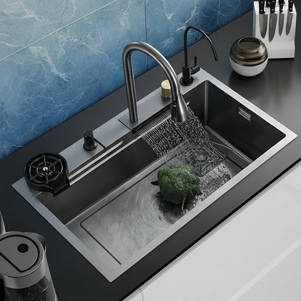 LUXART Waterfall Anti-Scratch Multifunctional Kitchen Sink - 24x18x9 Inch Honeycomb Design Multifunction Sink With Pull Down Faucet, Cup washer & Drain Baskets | Stainless Steel Modern Kitchen Sink