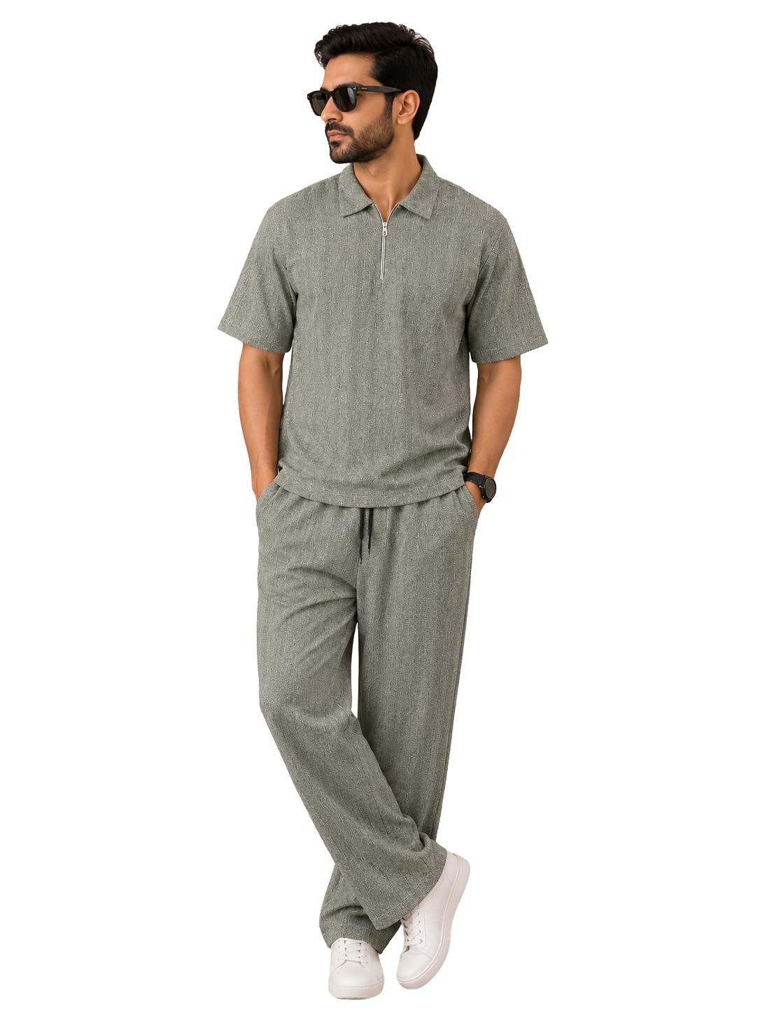 Men's Cotton French Terry Coord Set, Half Sleeve Zip Polo Shirt with Drawstring Trousers |-picture-51