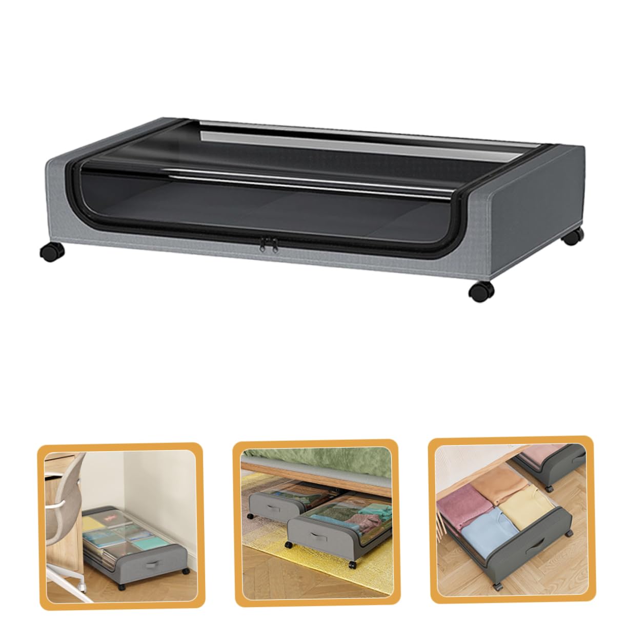 Unterbett Aufbewahrungsbox mit Rollen, Faltbar, Grau, Transparent